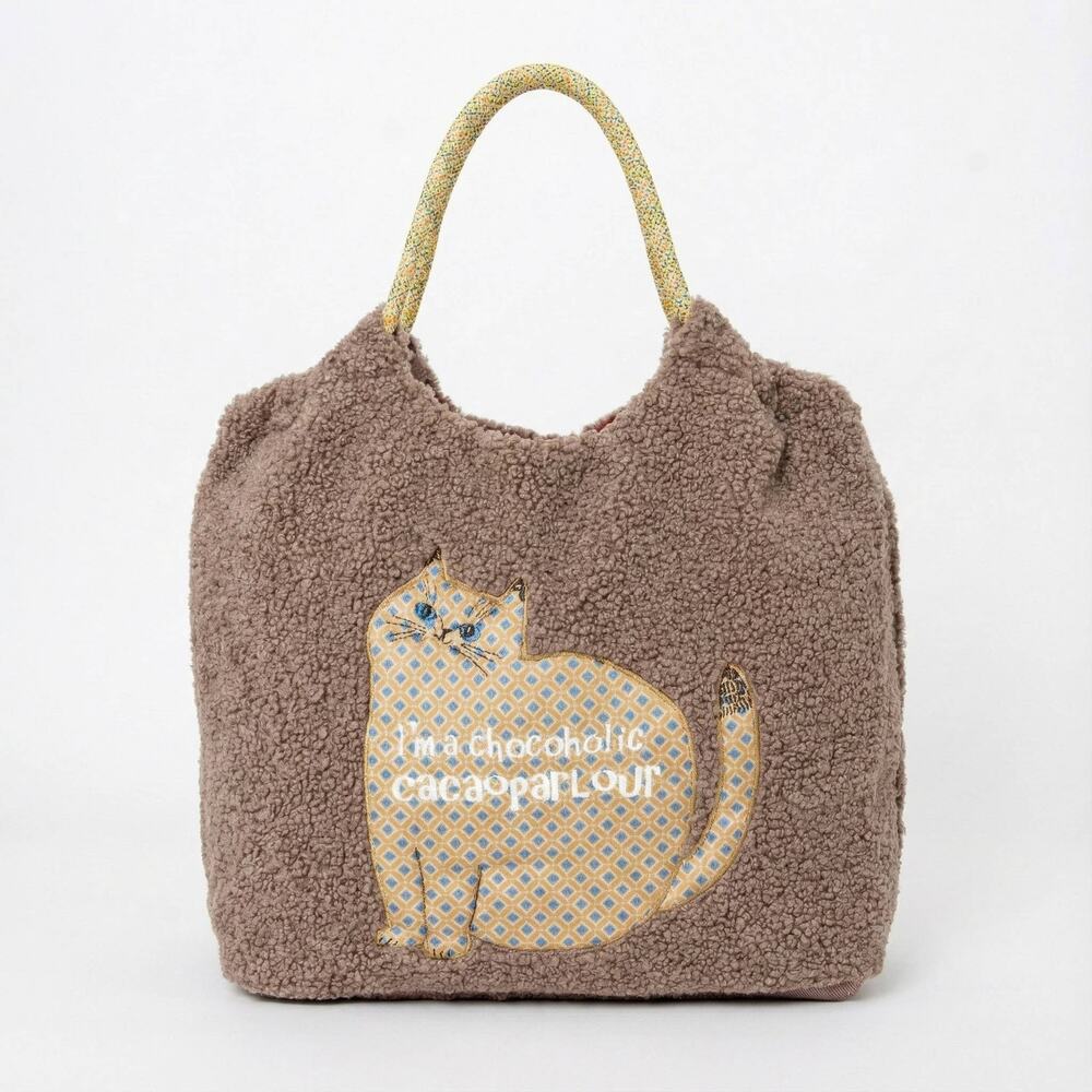 500.  Teddy Fleece Cat Appliqué Tote Bag - Kusuguru